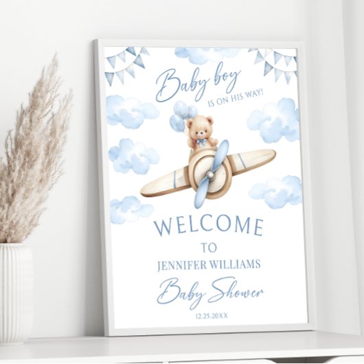 Teddybeer Blauwe Vliegtuig Avontuur Baby Jongen Sh Poster