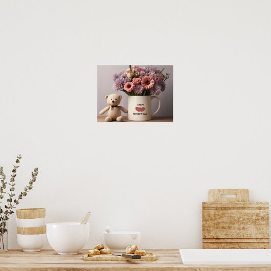 Teddybeer, Bloemen & Koffie Mok Poster (Keuken)