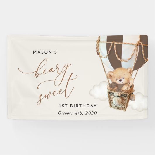 Teddybeer, bruine ballon, eerste verjaardag welkom spandoek (Horizontaal)