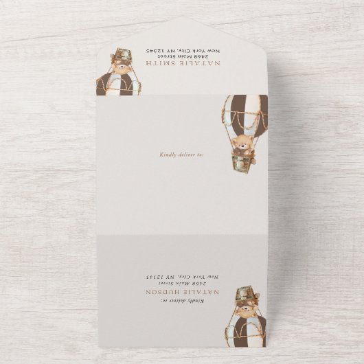 Teddybeer, bruine heteluchtballon, eerste verjaard all in one uitnodiging (Buitenkant)