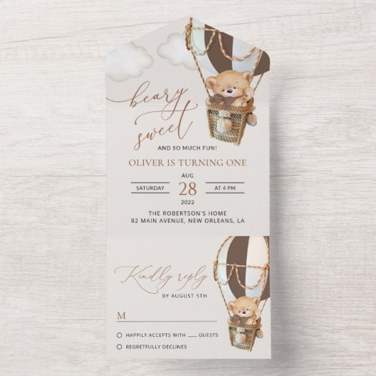 Teddybeer, bruine heteluchtballon, eerste verjaard all in one uitnodiging (Binnen)