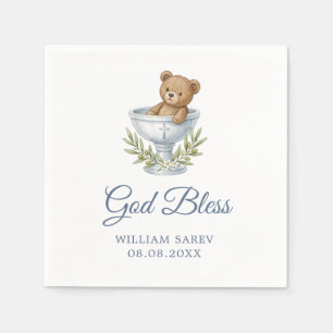 Teddybeer Doop "God Bless" Blauw Aquarel Servet