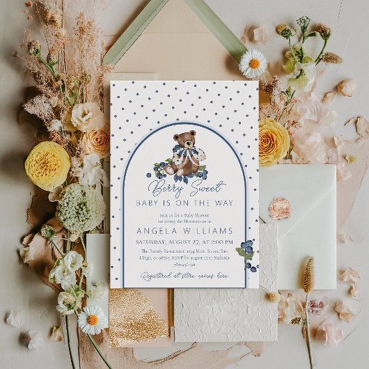 Teddybeer Dusty Blue Berry Zoet Baby shower Kaart