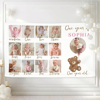 Teddybeer Eerste Verjaardag Foto Mijlpaal Vlaggenl Spandoek