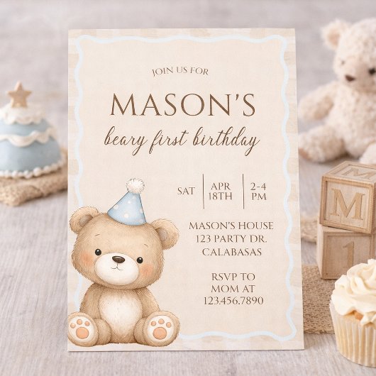 Teddybeer Eerste Verjaardagsuitnodiging, Beary Eer Kaart