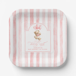 Teddybeer Elegante Lichtroze Strepen Baby Shower Papieren Bordje