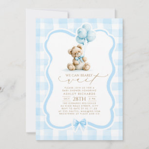 Teddybeer Elegante Pastelblauwe Gingham Baby Showe Kaart