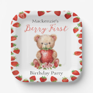Teddybeer en Aardbei Eerste Verjaardag Papieren Bordje