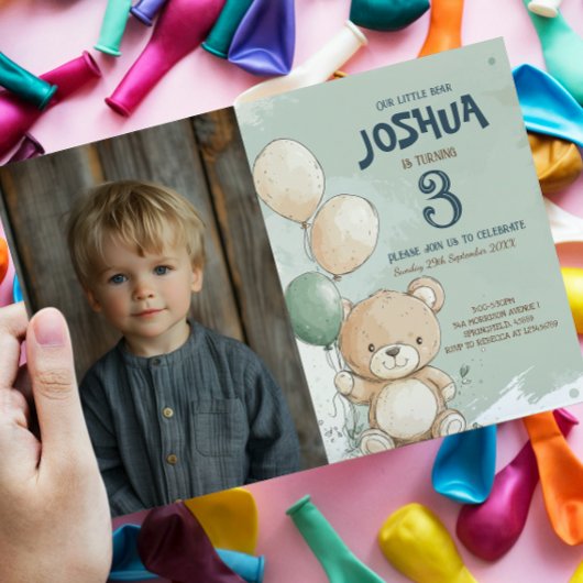 Teddybeer en ballonnen Green Kids Verjaardagsfeest Kaart