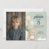 Teddybeer en ballonnen Green Kids Verjaardagsfeest Kaart (Voorkant)