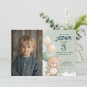 Teddybeer en ballonnen Green Kids Verjaardagsfeest Kaart (Staand voorkant)