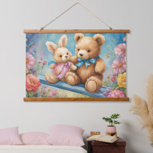 Teddybeer en Bunny Zittend in de tuin Hangend Wandkleed