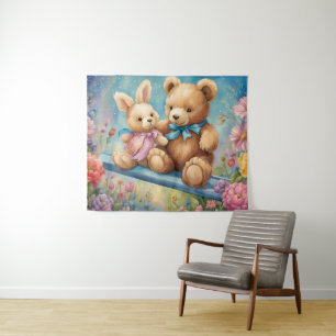 Teddybeer en Bunny Zittend in de tuin Wandkleed