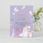 Teddybeer en eend Paarse 1e verjaardag baby meisje Kaart (Staand voorkant)