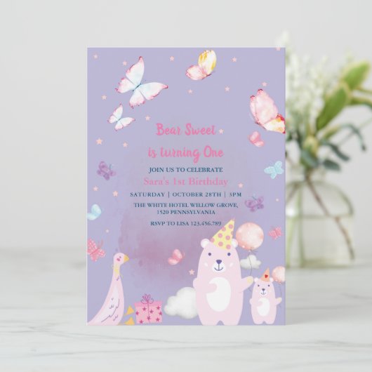 Teddybeer en eend Paarse 1e verjaardag baby meisje Kaart (Staand voorkant)