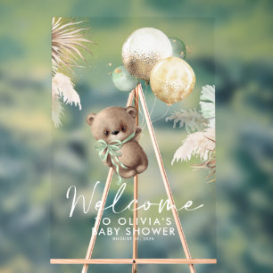 Teddybeer en groene ballonnen Baby shower Welkom Acryl Bord