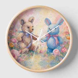 Teddybeer en konijn in een pasteltuin