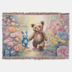 Teddybeer en konijn in een pasteltuin deken