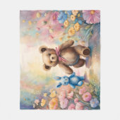 Teddybeer en konijn in een pasteltuin fleece deken (Voorkant)