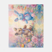 Teddybeer en konijn in een pasteltuin fleece deken (Voorkant)