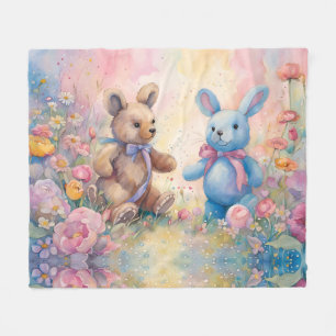 Teddybeer en konijn in een pasteltuin fleece deken