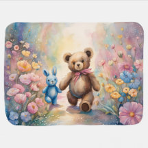 Teddybeer en konijn in een pasteltuin