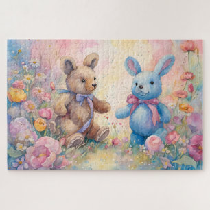 Teddybeer en konijn in een pasteltuin legpuzzel