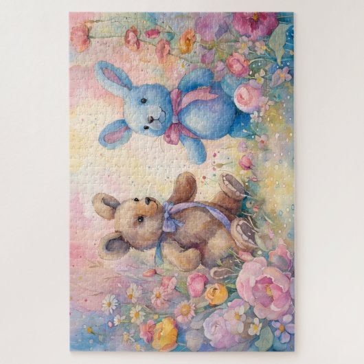 Teddybeer en konijn in een pasteltuin legpuzzel (Verticaal)