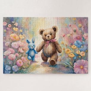 Teddybeer en konijn in een pasteltuin legpuzzel
