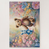 Teddybeer en konijn in een pasteltuin legpuzzel (Verticaal)