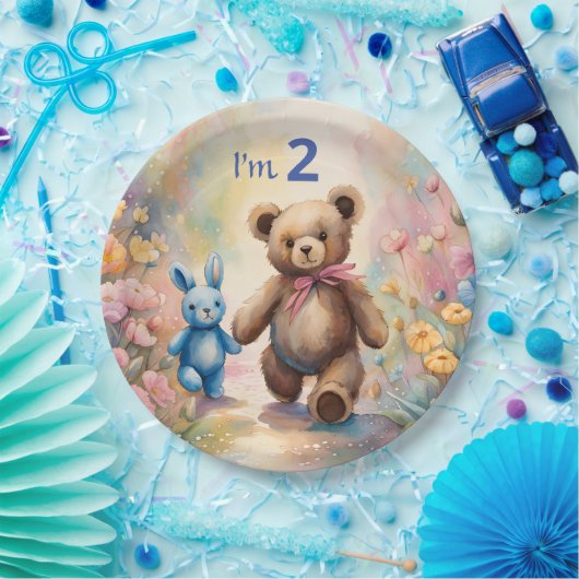 Teddybeer en konijn in een pasteltuin papieren bordje (Feest)