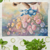 Teddybeer en konijn in een pasteltuin theedoek (Gevouwen)