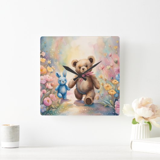 Teddybeer en konijn in een pasteltuin vierkante klok (Huis)