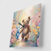 Teddybeer en konijn in een pasteltuin vierkante klok (Hoek)