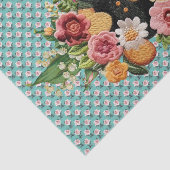  teddybeer en roze bloemige Rozen op Aqua Tissuepapier (Detail)