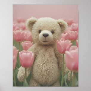 Teddybeer en roze tulp poster voor de kinderkamer