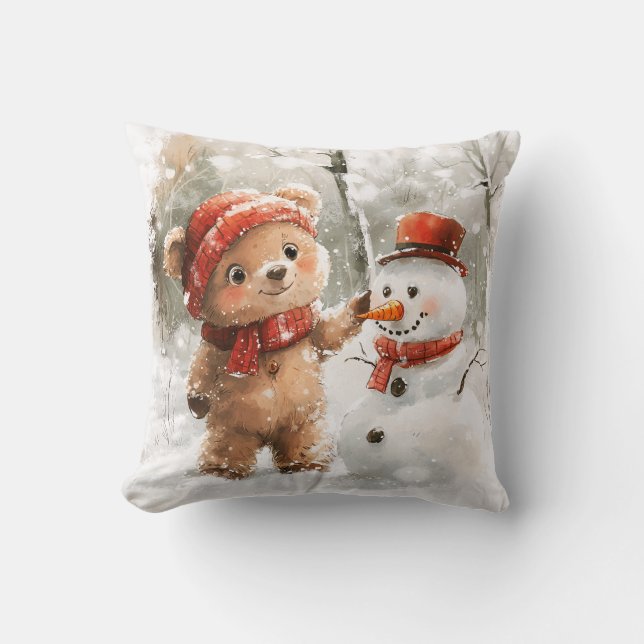 Teddybeer en sneeuwpop kussen (Voorkant)