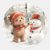 Teddybeer en sneeuwpop ronde sticker (Voorkant)