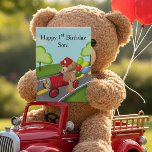 Teddybeer gefeliciteerd met 1e verjaardag in brand kaart