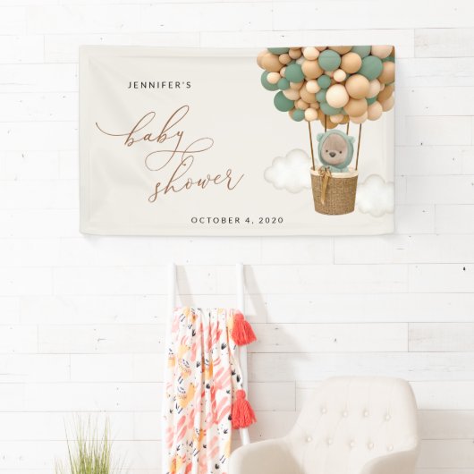 Teddybeer, groene ballonnen, Baby shower welkom Spandoek (Insitu)
