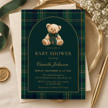 Teddybeer groene geruite babyshower uitnodiging