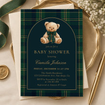Teddybeer groene geruite babyshower uitnodiging