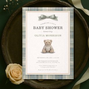 Teddybeer Groene Geruite Strik Baby Shower Kaart