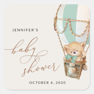 Teddybeer, groene heteluchtballon, Baby shower Vierkante Sticker