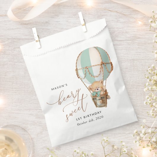 Teddybeer, groene heteluchtballon, eerste verjaard bedankzakje (Geknipt)