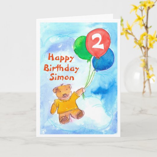 Teddybeer Happy 2nd Birthday Custom Kaart (Gele Bloem)