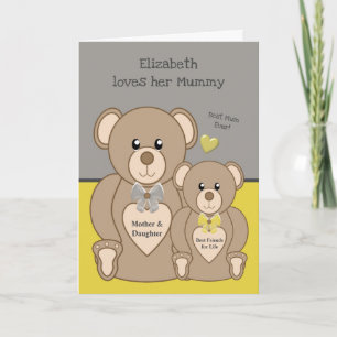 Teddybeer hou van je mummie grijs en geel kaart