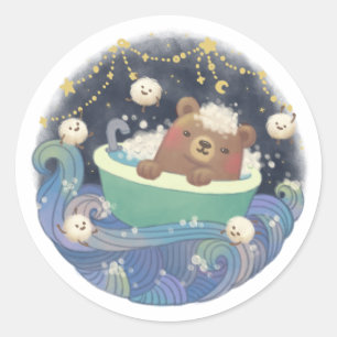 Teddybeer in badkuipboot met pluizige monsters ronde sticker