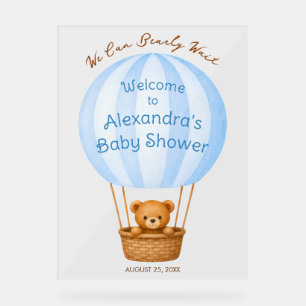 Teddybeer in blauwe luchtballon jongens babyshower acryl bord