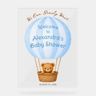 Teddybeer in blauwe luchtballon jongens babyshower acryl bord